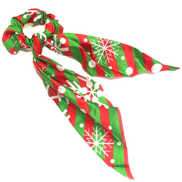 Christmas Holiday Scarf Scrunchie Ponytail Holder 2 in 1 Snowflakes - Picture 2 of 5